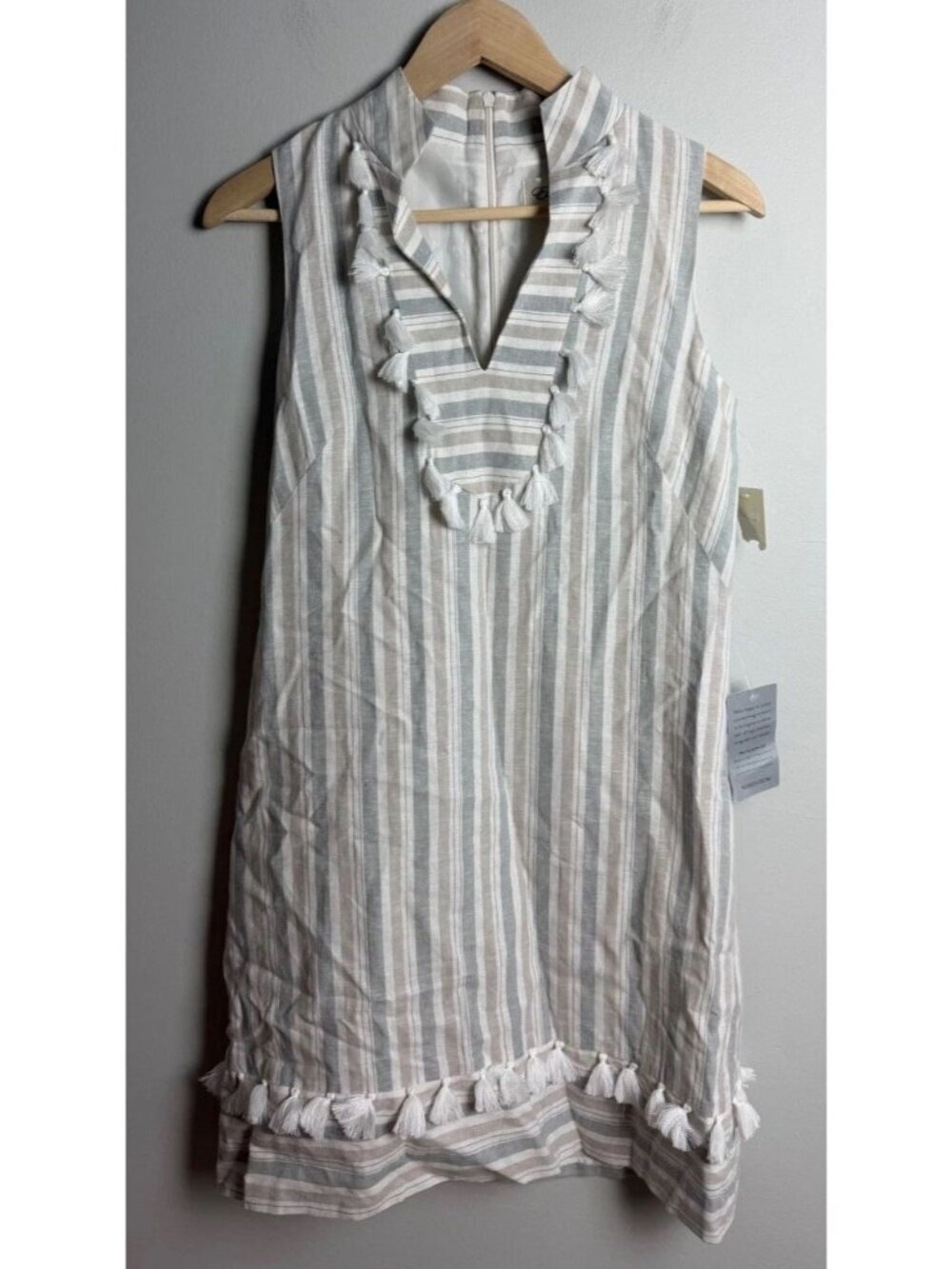 Eliza J Striped Tassel Tunic Dress Sleeveless V-Neck Linen Blend Size 4 Women’s
